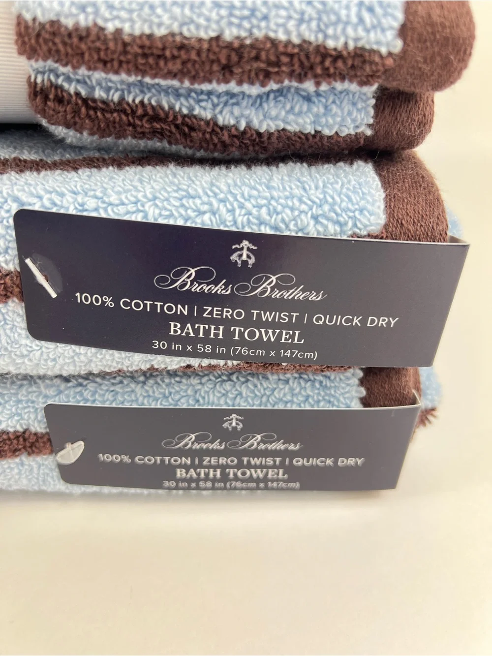 Brooks Brothers Bath Towel Set Blue Brown Stripe Soft Zero Twist Cotton 2 Pc NEW
